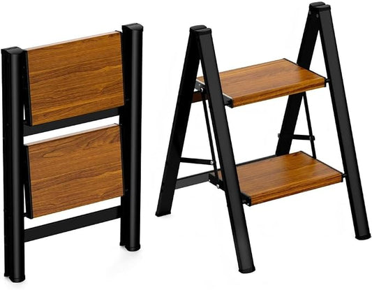 HBTower Step Ladder, Lightweight Aluminum Folding Step Stool | Anti-Slip Wide Pedal, 330lbs Capacity Step Ladder for Household Kitchen Office, BlackWoodgrain