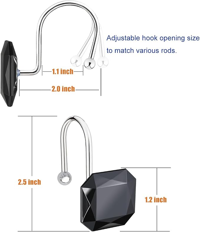 Shower Curtain Hooks Rings for Bathroom, Stainless Steel Rust Resistant Decorative Rhinestones Square Purple Shower Hooks Hangers for Shower Curtains, Clothing, Towels, etc. (Black)