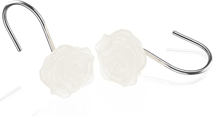 Rose Shower Curtain Hooks, Glow in The Dark, Pretty Floral Themed Elegant Bathroom Decor, White