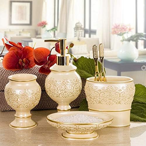 Shannon Beige with Gold 4 Piece Resin Bathroom Accessories Set | Includes Soap Dispenser, Toothbrush Holder, Tumbler Cup & Soap Dish