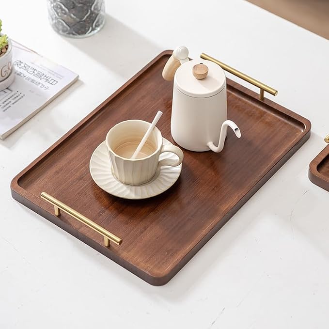 Bamboo Serving Tray with Gold Handles, Large | Food Tray for Breakfast,Coffee Table,Dinner & Bar, Decorative Tray for Kitchen, Bedroom