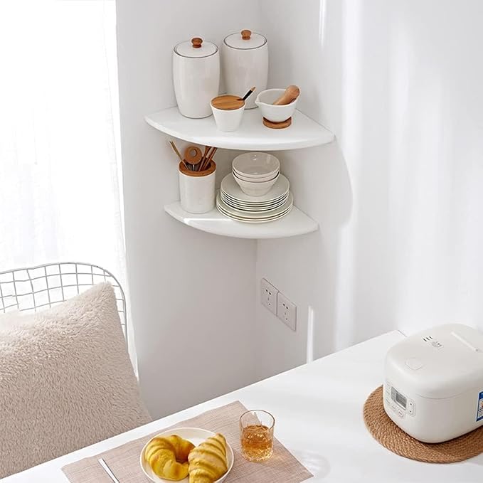 Corner Shelves, Floating Corner Shelf, Set of 2 Solid Oak Wood Wall Shelves, Round End Wall Mount with Wire Hole Shelving for Small Plant for Bedroom Kitchen, Living Room White