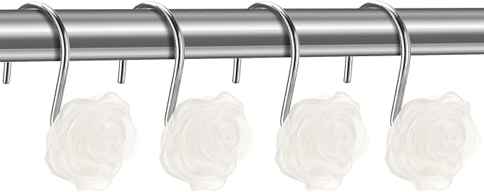 Rose Shower Curtain Hooks, Glow in The Dark, Pretty Floral Themed Elegant Bathroom Decor, White
