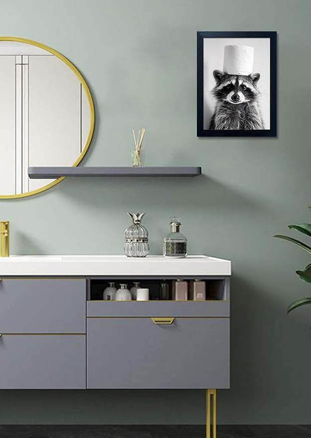 Black And White Bathroom Wall Art Funny Raccoon Wall Decor Animal Raccoon With a Toilet Paper Roll On The Head Cute Framed Picture Toilet Humor Decor Painting