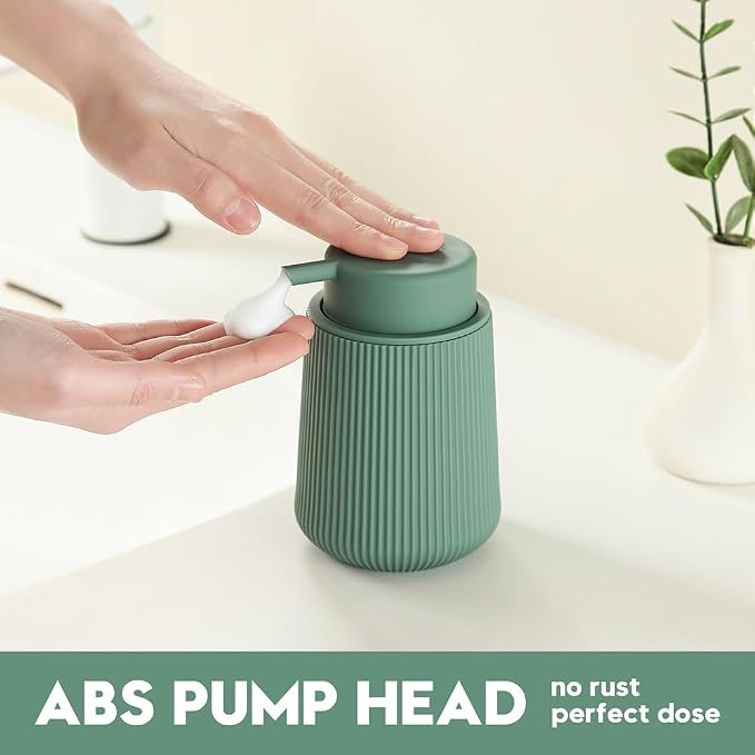 YAUKPH Striped Foaming Hand Soap Dispenser Sage Green | with Leak-Proof Pump for Bathroom and Kitchen Countertop 11oz