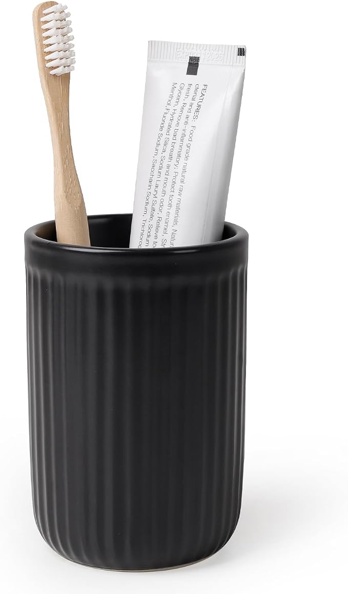 BosilunLife Ceramic Toothbrush Holder - 12oz Bathroom Toothbrush Holder Tooth Brush Holders Tumbler Cups Reusable Toothbrush Mouthwash Cup Small Toothbrush and Toothpaste Holder, Striped Black