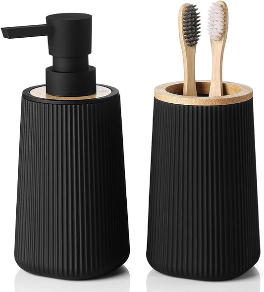 YAUKPH Bathroom Soap Dispenser and Toothbrush Holder Striped Black Bamboo | Bathroom Accessories Set 2 Piece for Bathroom Countertop Storage and Decor