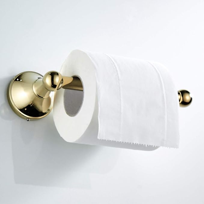 Flybath Toilet Paper Holder Brass Polished Gold Wall Mount for Bathroom | Rust-proof, Heavy Duty, Sturdy, Easy to Fit, Vintage Shiny Gold Loo Roll Holder, Paper Tissue Storage, Bathroom Accessories