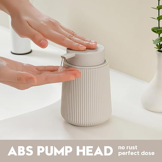 YAUKPH Striped Liquid Hand Soap Dispenser Beige | with Leak-Proof Pump for Bathroom and Kitchen Countertop 11oz