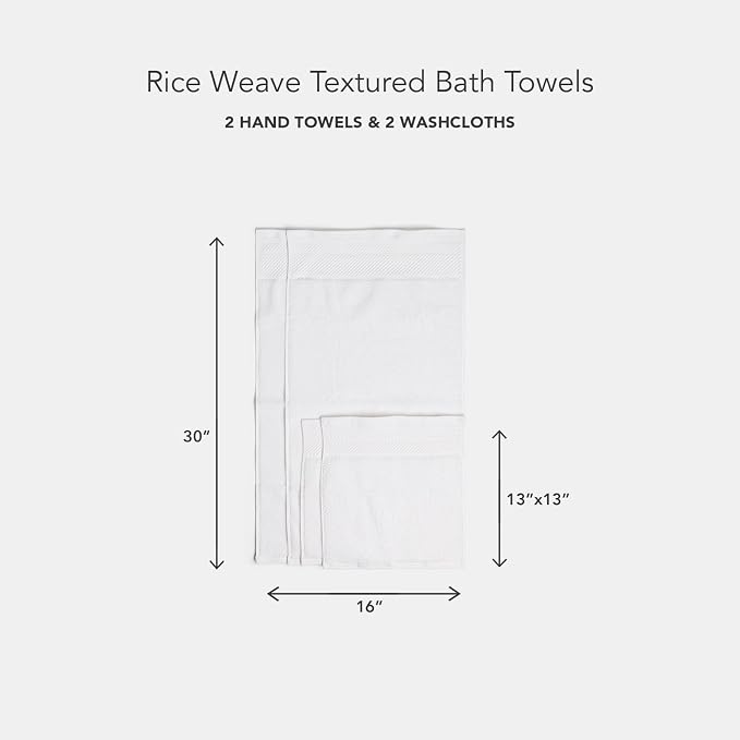 Texere 100% Organic Cotton Rice Weave Jacquard 700 GSM Luxury Bath Towel Sets - Ultra Soft and Absorbent Hotel and Spa Quality (Rice Weave, Bright White, 2 Hand & 2 Wash Towels)