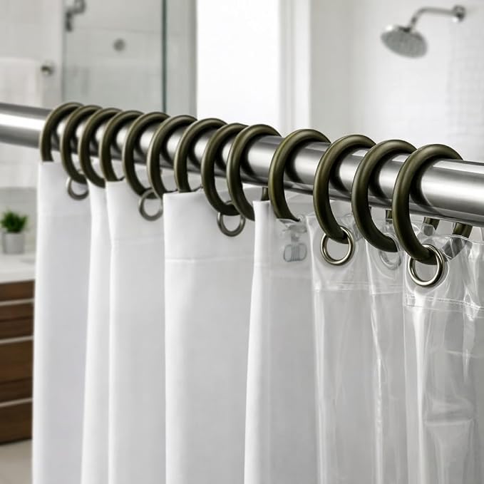 12 Piece Plastic Basic Locking Round Hook Easy Gliding Shower Curtain Rings Fits All Standard Size Shower Rods (Dark Olive Green)