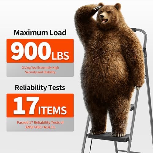 3-Step Folding Ladder, Non-Slip Wide Pedal Step Stool with Soft Handle and Stable Feet, Heavy-Duty Steel Structure, 900lbs Capacity, Foldable Design for Home and Office, Grey
