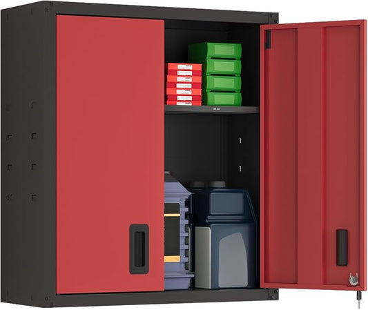 30 Inch Metal Wall Cabinet, Metal Wall Cabinet for Garage, Red | Wall Mount Cabinet with Lock and Adjustable Shelf, Lockable Storage Cabinet for Home Office,Garage,Gym,School