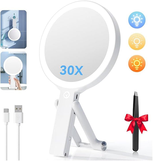 Auxmir 30X/1X Magnifying Travel Makeup Mirror with Lights, 3-Color Dimmable | 56 LEDs, 3 color modes, stepless dimming, dual-side touch control, 2000mAh rechargeable, 3-in-1 tabletop, handheld or hanging