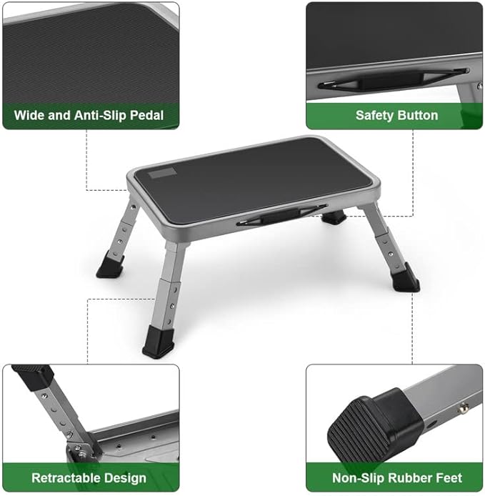 Jocauto Folding Step Stool for Adults, Height-Adjustable Small Step Stool | Step Ladder with Non-Slip Platform for Adults or Kids in Kitchen, Home, Rv,330 Lbs Capacity, Gery