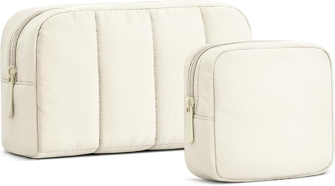 2 Pcs Makeup Bag Travel Toiletry Bag for Women Puffy Padded Cosmetic Pouch Purse Wide-open Makeup Organizer Case Travel Essentials