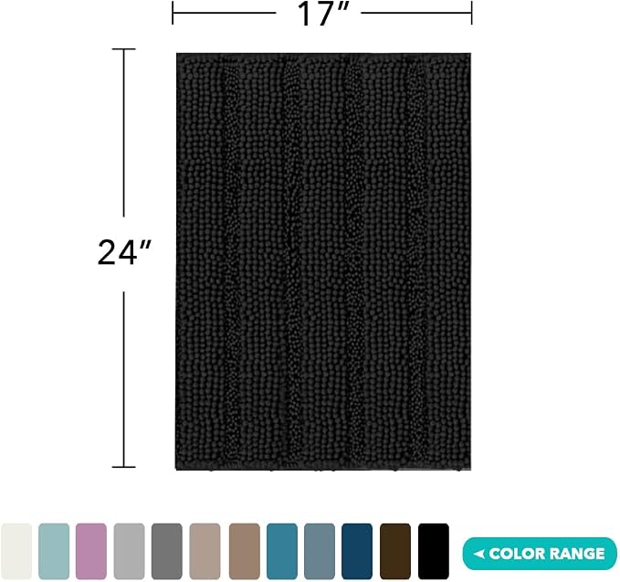 Turquoize Luxury Chenille Bath Rug for Bathroom Rugs Extra Absorbent Bath Mat Non Slip Microfiber Shower Rug for Bathroom Microfiber Shaggy Carpet Rug Size, 17"x 24", Black
