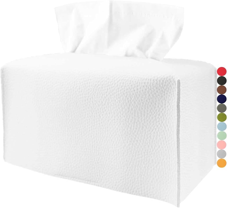 Extra Large Tissue Box Cover Rectangular – Plus Size Tissue Box Holder with Bottom Belt [JESMINI, White] Decorative Faux Leather Long Rectangle Tissue Holder for Bathroom/Home/Car/Office Decor
