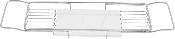 Stainless Steel Bathtub Caddy Tray, Expandable Bath Tub Tray with Natural Marble Tray, Adjustable Bath Tray for Bathroom, Spa 26.8~35.4inch (Silver+White)