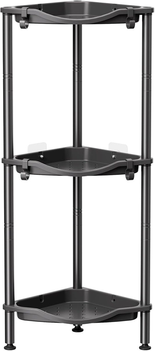 Lifewit Floor Standing Shower Caddy Corner, 3 Tier Plastic Shower Stand Rack with Adjustable Feet and Hooks, Rustproof Bathroom Shelf Organizer, Black, 34 x 24 x 75 cm/13 x 9.5 x 29.5 inch