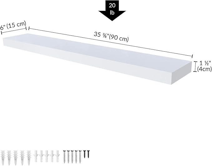 Ballucci Floating Shelf, 36" Hanging Shelf with Invisible Brackets, Wooden Floating Shelves for Walls, Book Shelf, Wall Shelves for Home Office, Bathroom, Living Room, 6 inch Deep, White