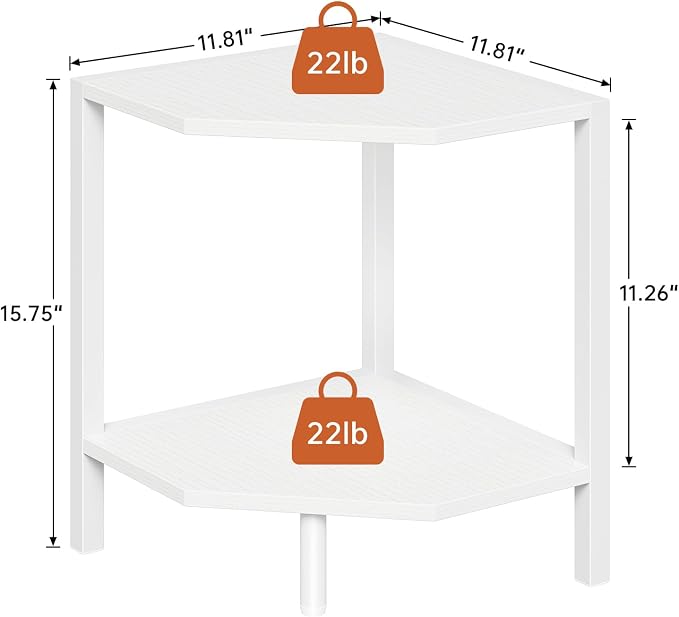 Creso hom Corner Shelf Stand, 2 Tier Industrial Corner Bookshelf | Multipurpose Standing Corner Display Shelf Countertop Organizer for Living Room Kitchen Bedroom Office, White