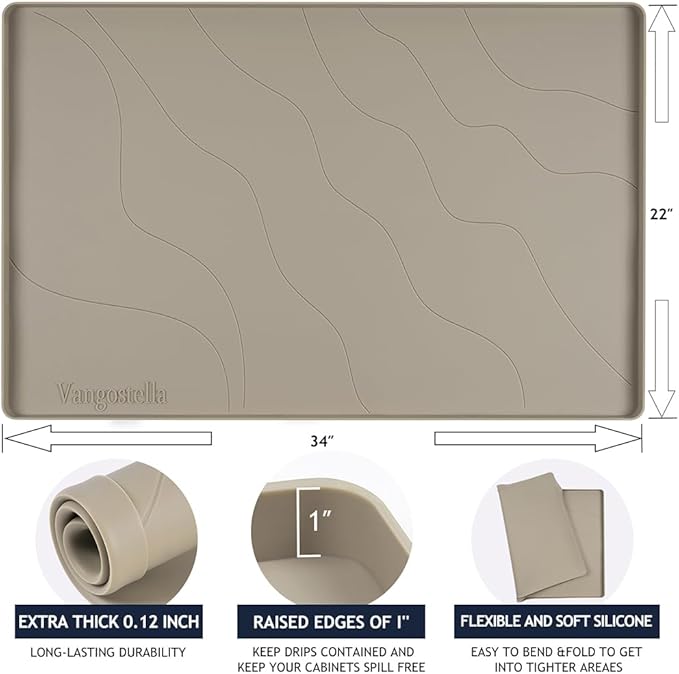 Heavy Duty Silicone Under Sink Mat for Kitchen&Bathroom 25" x 19", Waterproof Under Sink Rubber Mat Drip Tray, Raised Edge Under Sink Liner,Prevent Drips, Leaks, Spills,Brown
