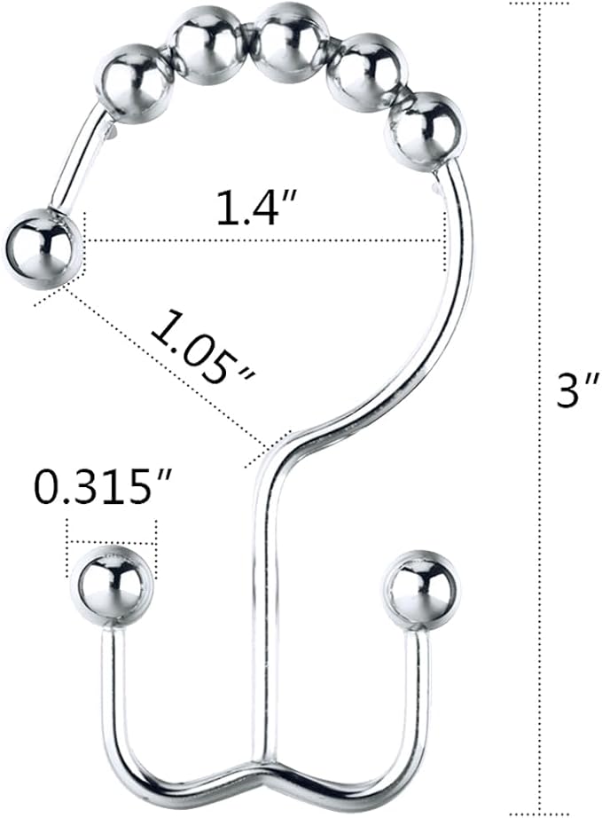DAWNER Shower Curtain Hooks, Rust Proof Metal Easy Glide Double Rings, Stainless Steel Hangers for Bathroom Curtains, Set of 12, Polished Chrome