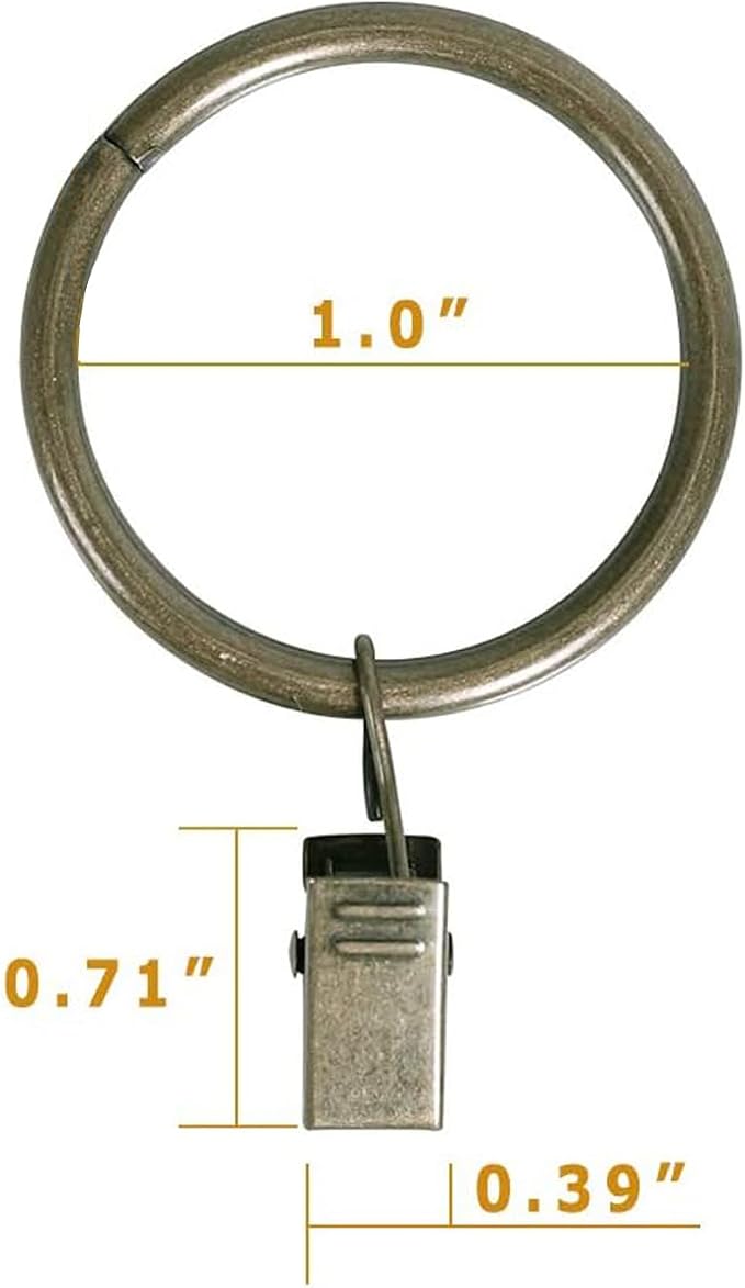 Lansian 44 Pack Curtain Rings with Clips Hooks 1 in Diameter Rustproof | Metal Stainless Steel Drapery Rings for Tension Rod Bracket Eyelets Decorative Hanger, Fits 3/4 in Rods, Antique Brass
