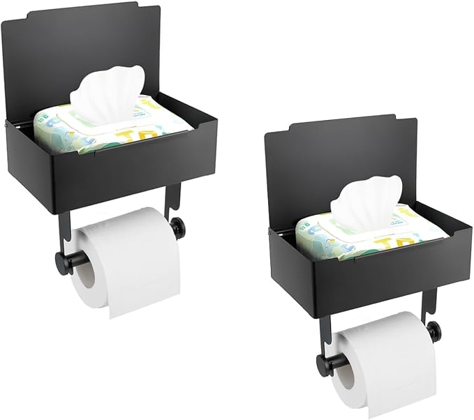 Beileqi 2 Pack Matte Black Toilet Paper Storage Holder with Shelf for Wet Wipes, Sanitary Tampon, Trash Bags, Bathroom Wipes Holder Accessory Space Saver and Organizer