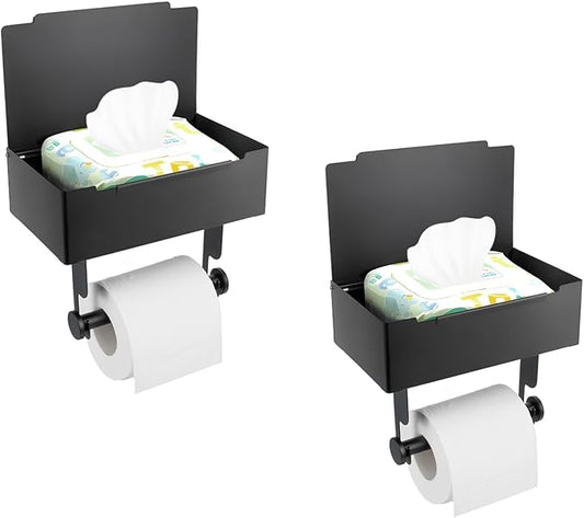 Beileqi 2 Pack Matte Black Toilet Paper Storage Holder with Shelf for Wet Wipes, Sanitary Tampon, Trash Bags, Bathroom Wipes Holder Accessory Space Saver and Organizer