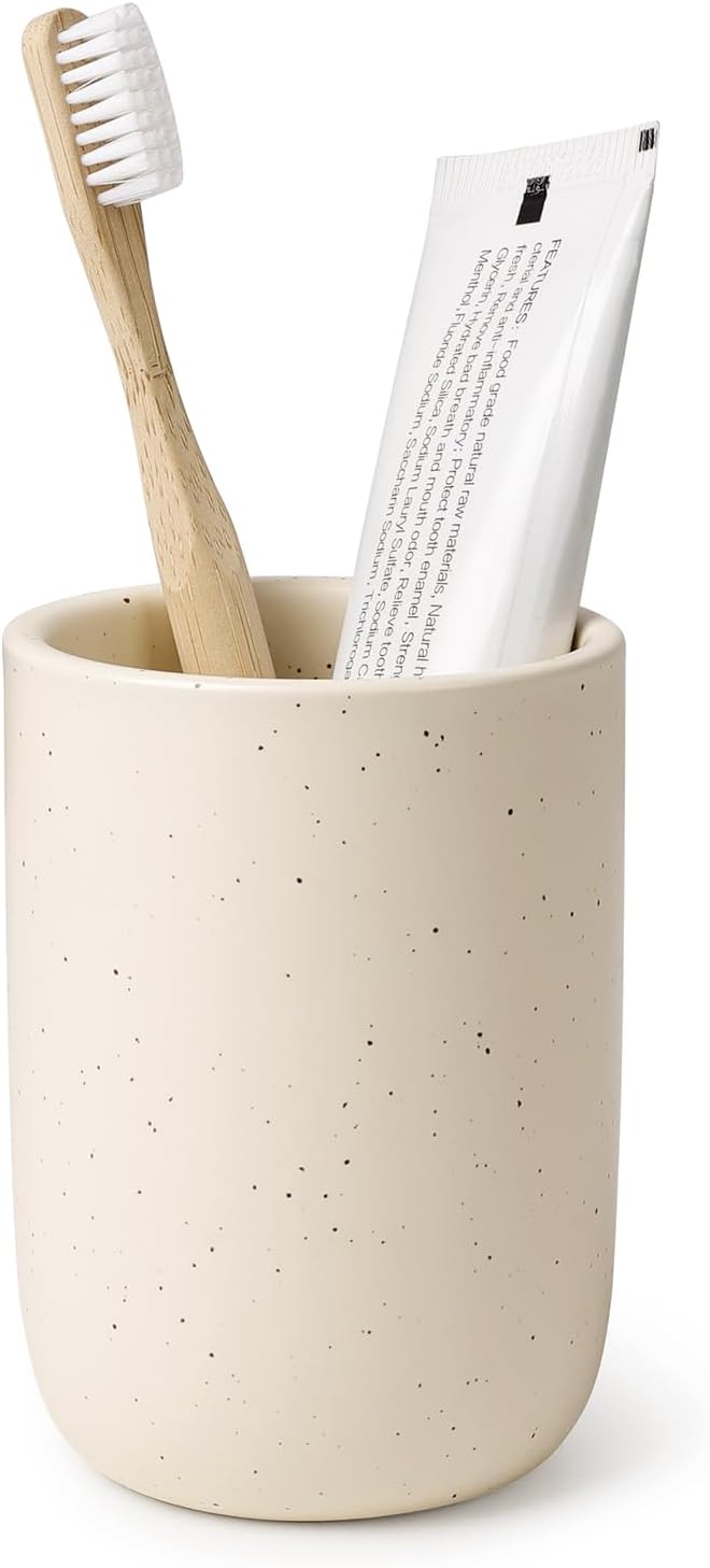 BosilunLife Ceramic Toothbrush Holder - 12oz Bathroom Toothbrush Holder Tooth Brush Holders Tumbler Cups Reusable Toothbrush Mouthwash Cup Small Toothbrush and Toothpaste Holder, Apricot