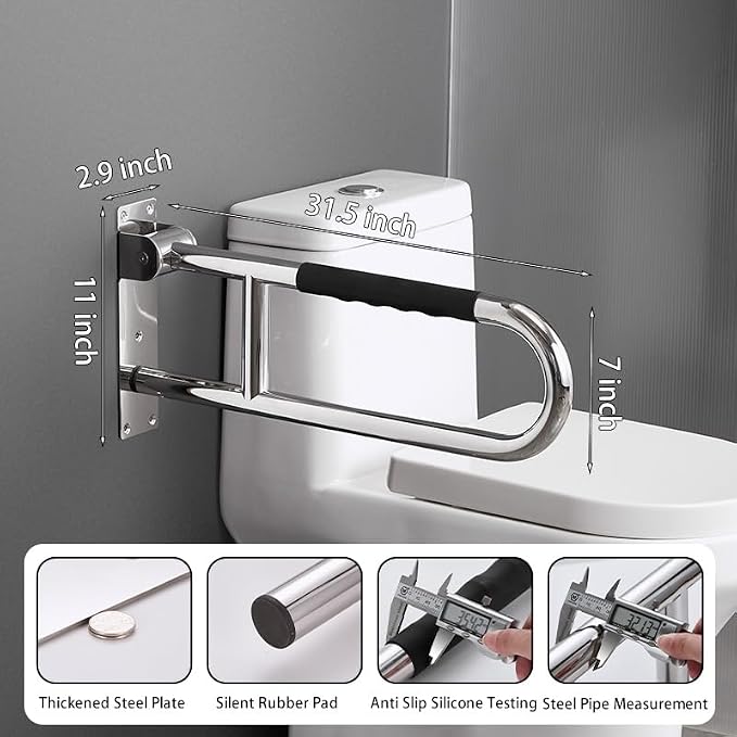 31 Inch Toilet Grab Bar, Flip-UpSafety Rail with Soft Silicone Anti-Slio Finger-Grio Handle andPaper Holder, Stainless Steel u-Shaped Support Bar for ElderlyDisabled, Polished Chrome