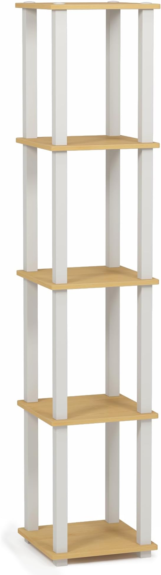 FURINNO Turn-S-Tube 5-Tier Corner Square Rack Display Shelf, Beech/White | Open Frame, Corner Shelf, Free Standing Open Shelves, for Organization and Storage, Living Room, Garage, Home Office