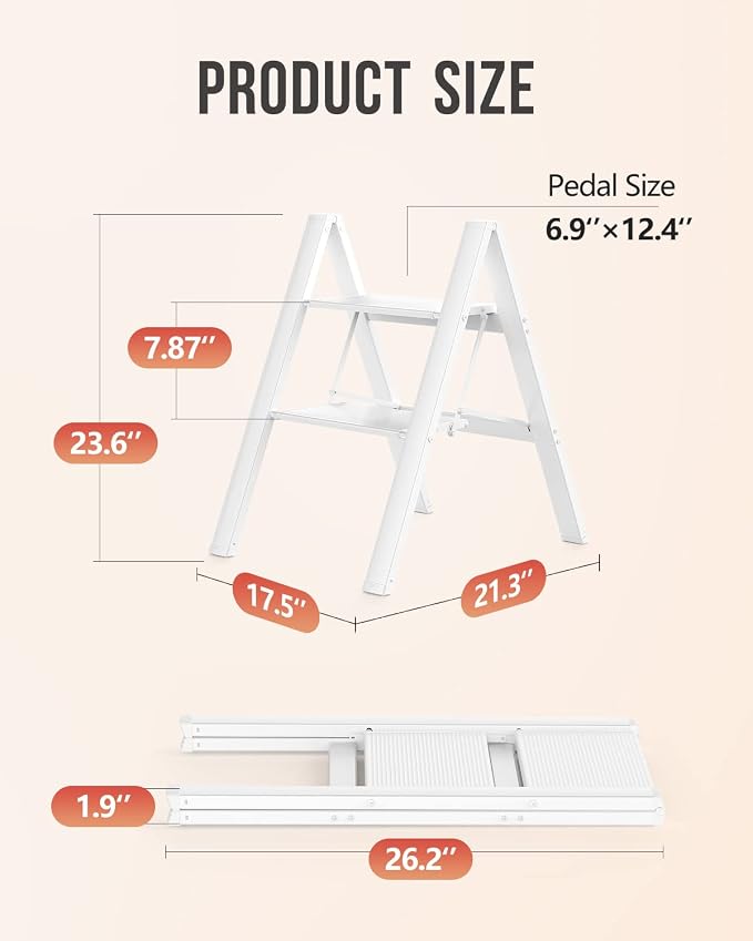 2 Step Foldable Step Stool, 300lbs Load, White | Folded 27''H x 2''T; Net 6.6 lbs; Non-Slip Feet: Wood/Tile/Carpet; Rigid Aluminum Steps; No Assembly; Ready From Box.