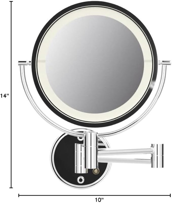 JERDON Hardwired Wall-Mount Makeup Mirror - 8X/1X - Chrome - HL88CLD | 8.5" Round Frame, 13.5" Wall Arm, LED Lighting, Direct Wire Installation