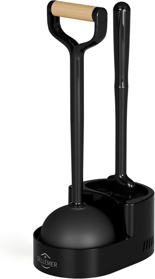 Toilet Brush and Plunger Set, Curved Head for Deep Cleaning, Black | Brush and Plunger set, Curved Nylon Bristles for Deep Clean, Strong Suction Plunger, Ventilated Holder for Quickly Air Dry