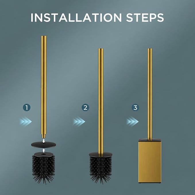 FORIOUS Toilet Brush, 2 Toilet Bowl Brush Head Square Short Gold | Heavy Duty 304 Stainless Steel Base, Silicone and Plastic Brush Heads, 360° Deep Cleaning, Drip-Proof, Splash-Proof Design