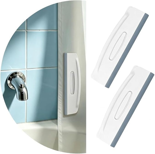 2-in-1 Shower Squeegee and Magnetic Shower Curtain Clips, All-in-One Silicone Squeegee for Glass Door with Splash Guard Clips, No-Drill Adhesive Water Guard for Bathroom, Gray/White, Pack of 2