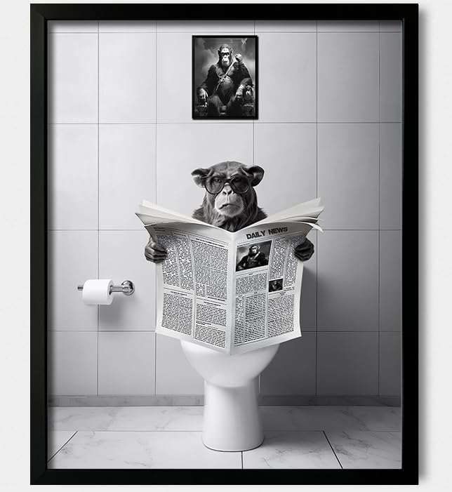 Ardakar Black and White Wall Art, Framed Bathroom Decor Wall Art, Funny Animal Bathroom Wall Decor, Funny Chimpanzee on Toilet (Framed,16''x20'')