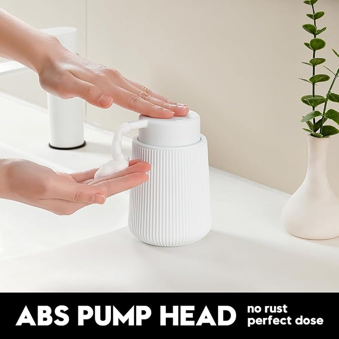YAUKPH Striped Foaming Hand Soap Dispenser White | with Leak-Proof Pump for Bathroom and Kitchen Countertop 11oz
