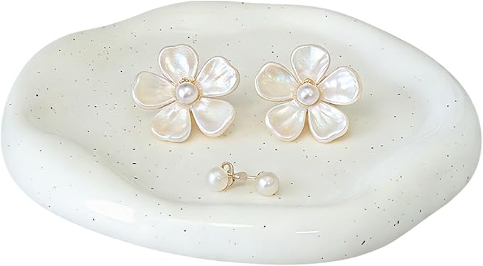 CHENACC Ceramic Jewelry Tray, White Round Cloud-Shaped Vanity Decorative Dish-Stylish Room Aesthetic Accessory, Catchall for Jewelry Watches Keys Round Plate Holder