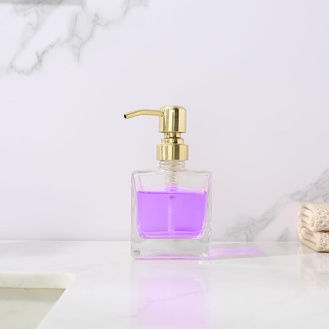 Square Bathroom Soap Dispenser Brushed Gold, Glass Bottles with Stainless Steel Pump 8.4 OZ Cube Liquid Soap Dispenser Hand Kitchen