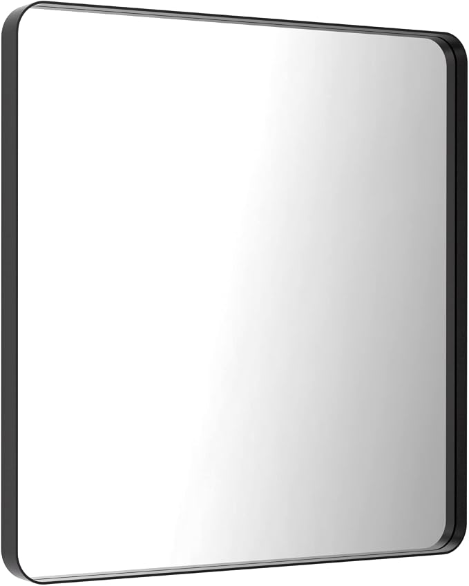 LOAAO 36X36 Inch Black Bathroom Mirror Metal Framed | Rounded Rectangle, Matte Black, Anti-Rust, Tempered Glass, Hangs Horizontally or Vertically