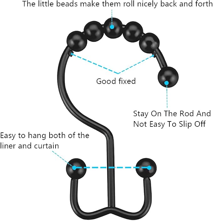 DAWNER Shower Curtain Hooks Rings, Rust Proof Hooks, Metal Easy Glide Double Shower Rings Hooks, Stainless Steel Shower Curtain Hangers for Bathroom Shower Curtains, Set of 12 Hooks, Matte Black