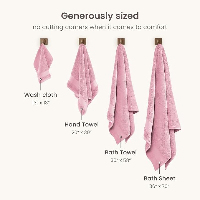 100% Organic Cotton Bath Towel Set | 700 GSM Plush 6-Piece Premium Towel Set GOTS Certified, 2 Bath Towels, 2 Hand Towels & 2 Washcloths - Dusty Pink