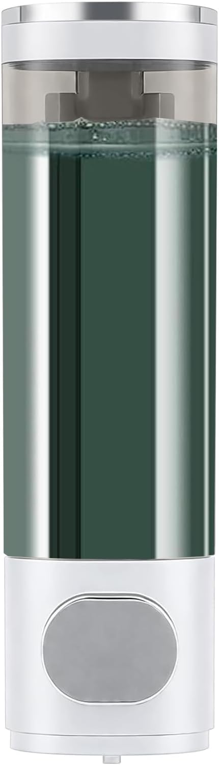 10oz/300ml Single Manual Wall Mounted Soap Dispenser, Silver & White | Bathroom Shampoo and Conditioner Dispenser, Clear Plastic Refillable Liquid Lotion Pump Dispenser and Organizer