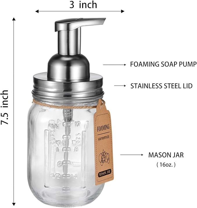 Amolliar Mason Jar Foaming Soap Dispenser, Foam Dispenser, Brushed Nickel | Rustproof Stainless Steel Lid Plastic Soap Pump, Rustic Farmhouse Decor, 16OZ Refill Hand Soap Dispenser for Bathroom Kitchen