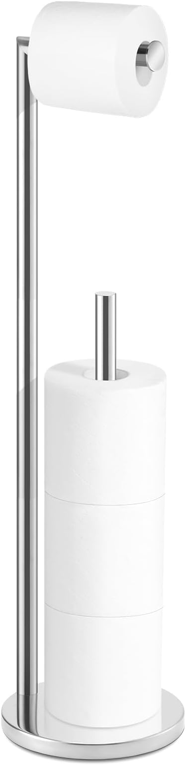 Toilet Paper Holder Stand, Bathroom Free Standing with Storage, Chrome | Rustproof Toilet Paper Roll Holder for 4 Rolls,with Non-Slip Stable Base,Bathroom Organizers and Storage
