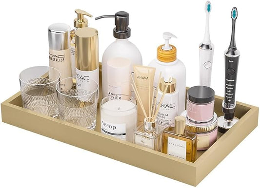 ZHWS Gold Bathroom Vanity Tray for Countertop Perfume Makeup Jewelry Candle Decor, Kitchen Tray for Soap Dispenser Spice Salt, Large Gold Tray for Toilet Tank Paper, Serving Nightstand 13”x6.5”